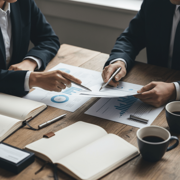 Consultant SEO en réunion stratégique avec dirigeant de PME autour de rapports de performance