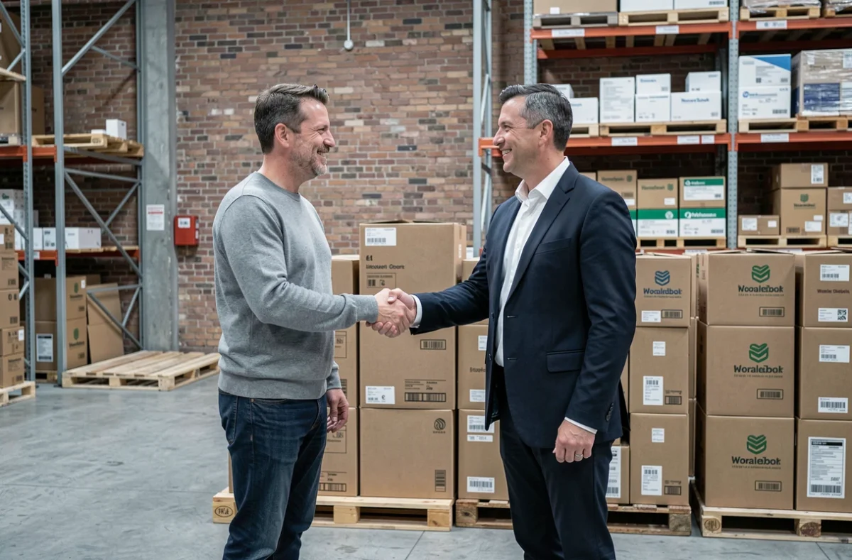 Deux professionnels scellant un accord avec un grossiste dans un entrepôt logistique