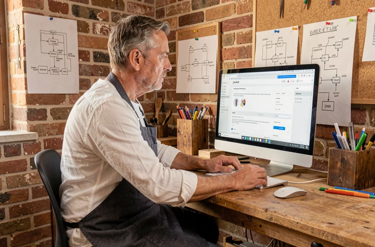 Artisan du numérique d'ADN en Eure-et-Loir construisant un site web dans un studio mêlant univers artisanal et digital