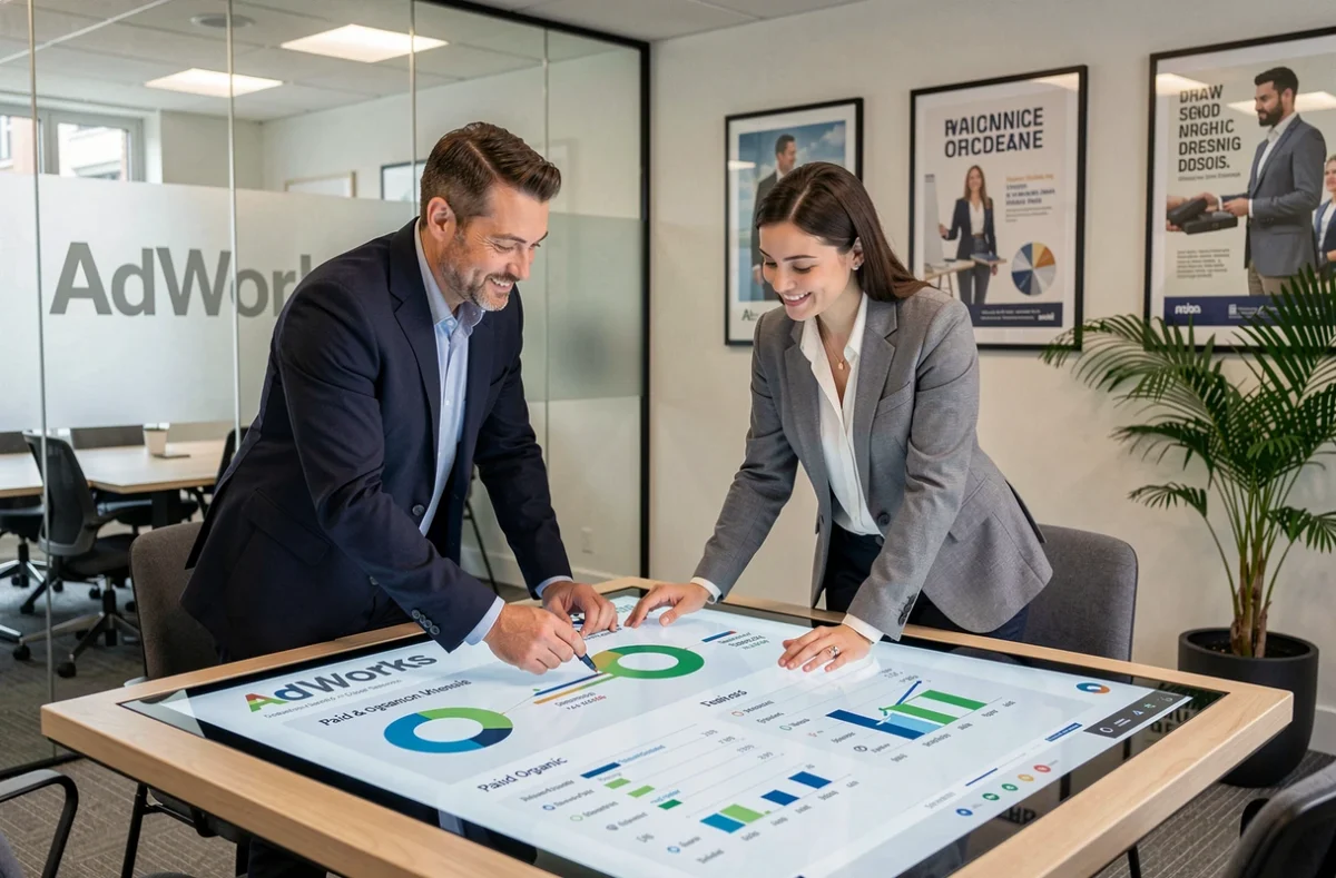 Équipe de l'agence Ad Works collaborant sur une stratégie SEO et publicité digitale dans un bureau professionnel