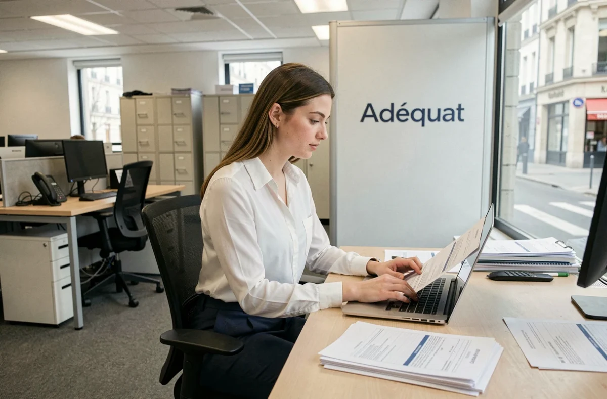 Conseillère en recrutement de l'agence Adéquat travaillant sur un dossier candidat à son bureau