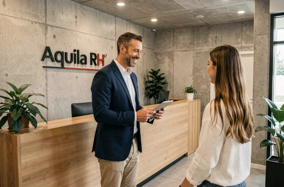 Consultant de l'agence Aquila RH accueillant un candidat dans une réception moderne et design
