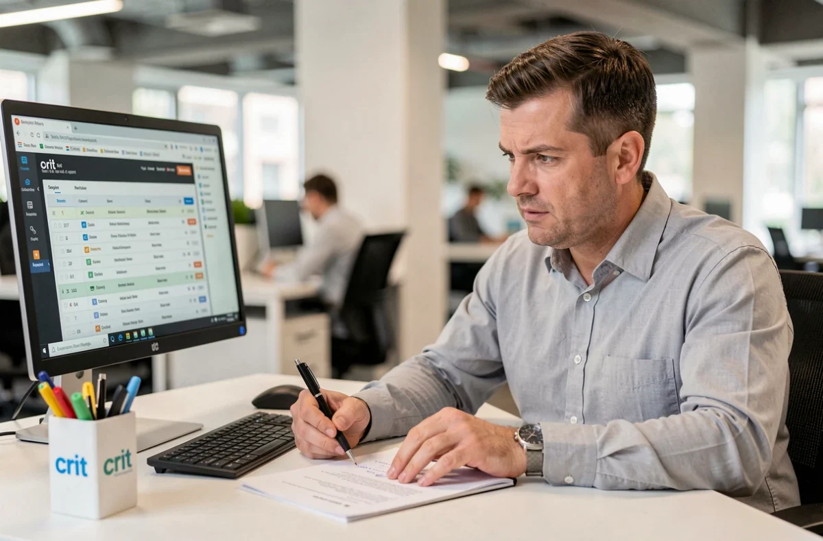 Consultant de l'agence Crit menant un entretien téléphonique dans ses bureaux modernes