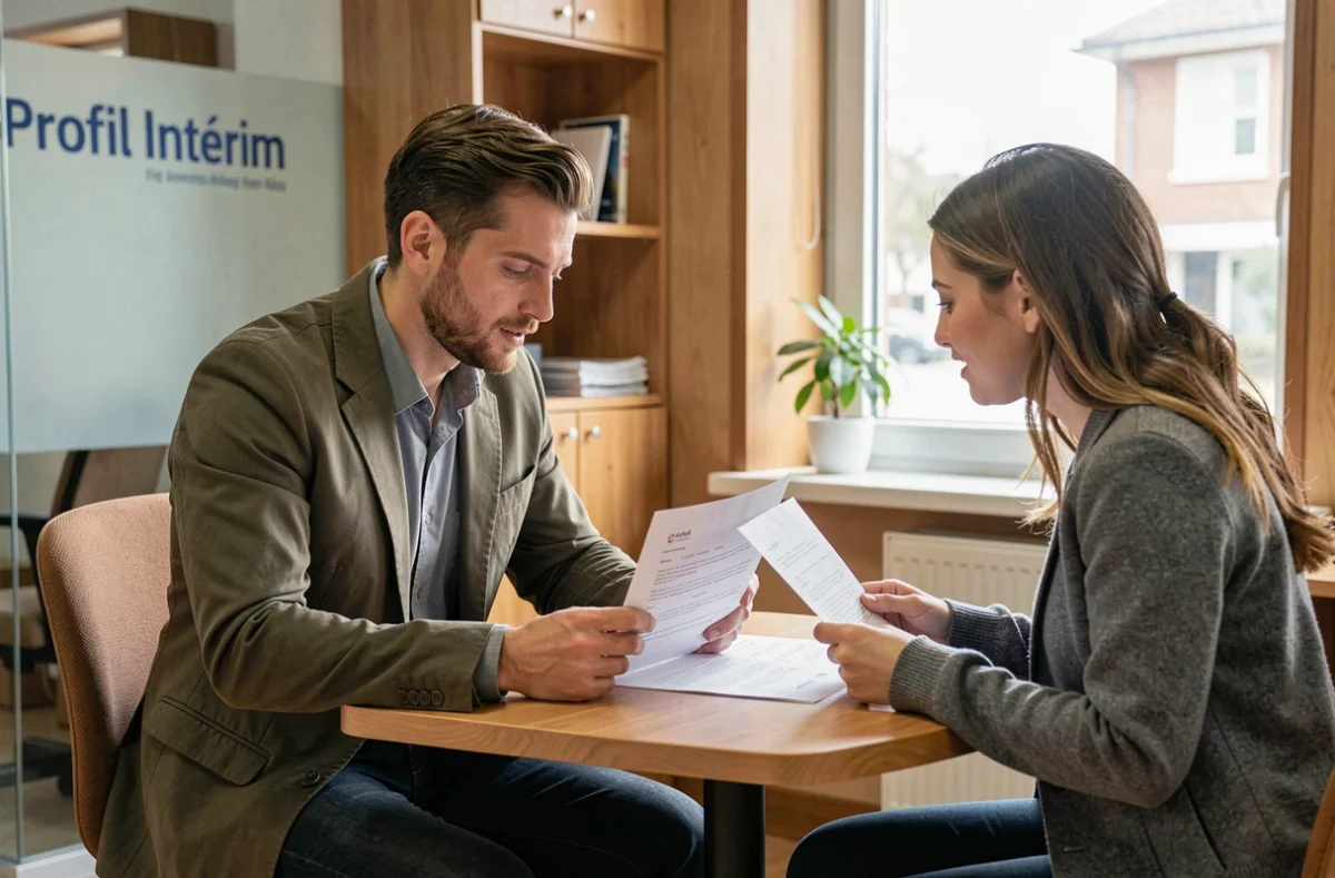 Conseiller de Profil Intérim et une candidate examinant ensemble un contrat dans l'agence