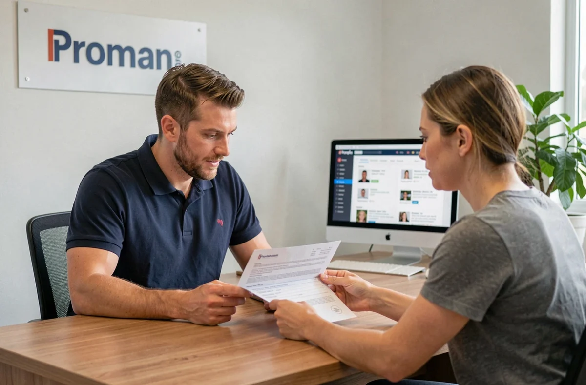 Recruteur de l'agence Proman en entretien avec un candidat dans un bureau moderne