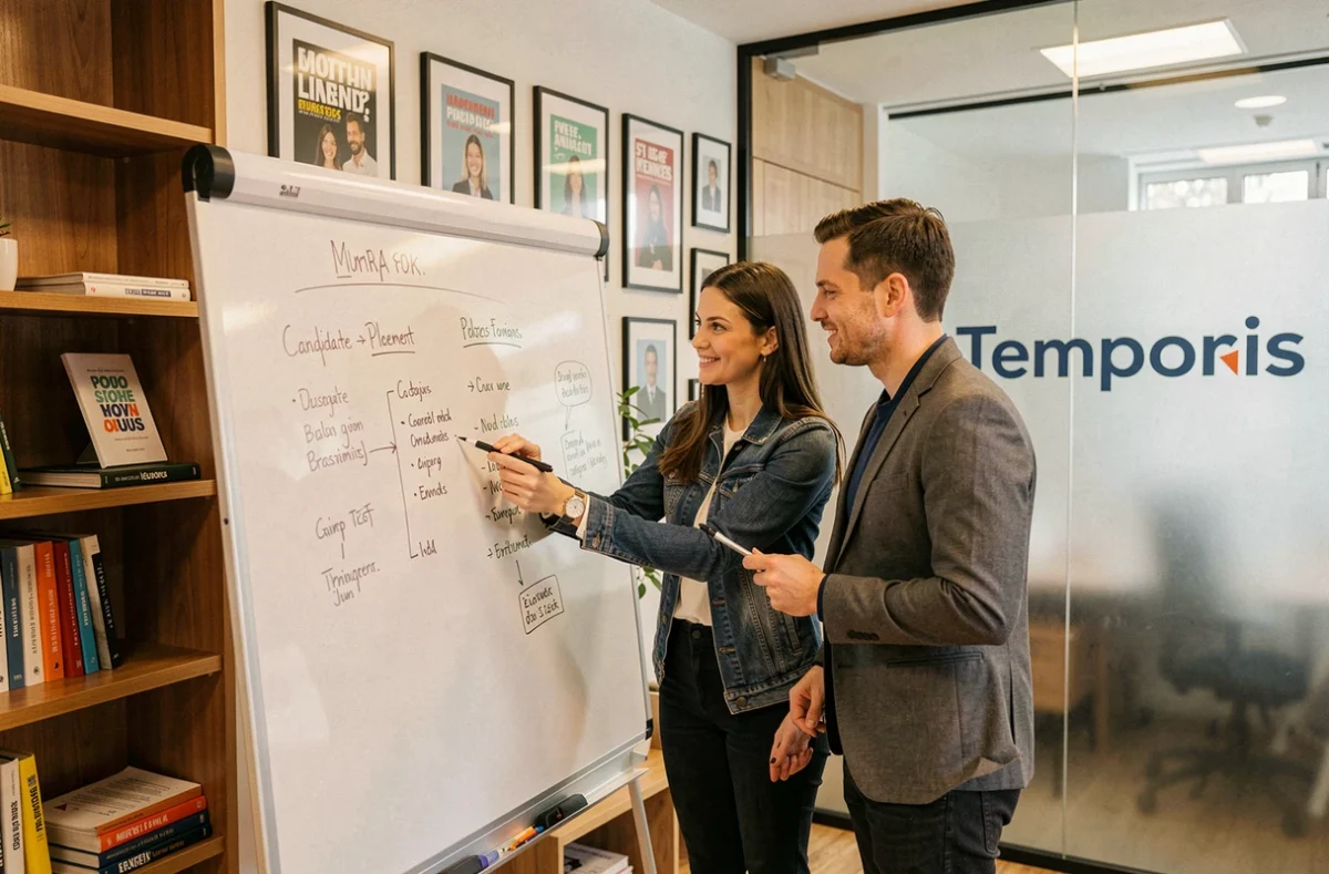 Deux conseillers de l'agence Temporis collaborant sur un plan de recrutement dans leur agence