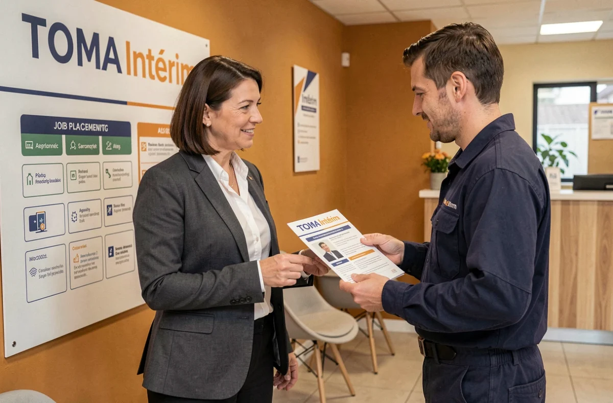 Conseillère de TOMA Intérim présentant des offres d'emploi à un candidat dans l'agence