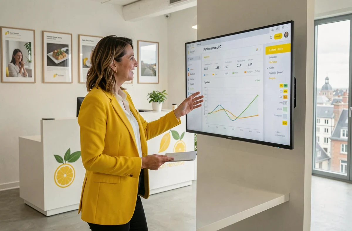 Consultante SEO de l'agence Lemon Interactive présentant des résultats de référencement dans un bureau aux accents jaune citron