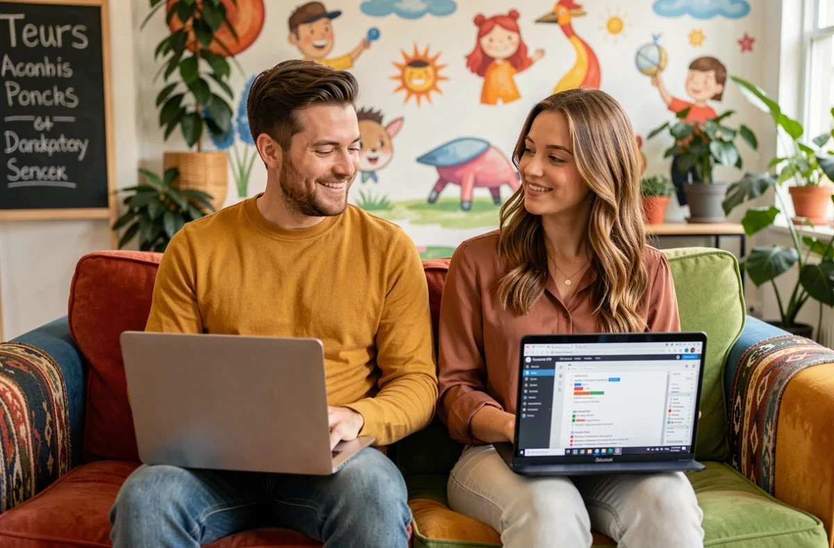 Le duo de consultants SEO de l'agence Mo & Jo travaillant ensemble dans un espace de coworking coloré et créatif