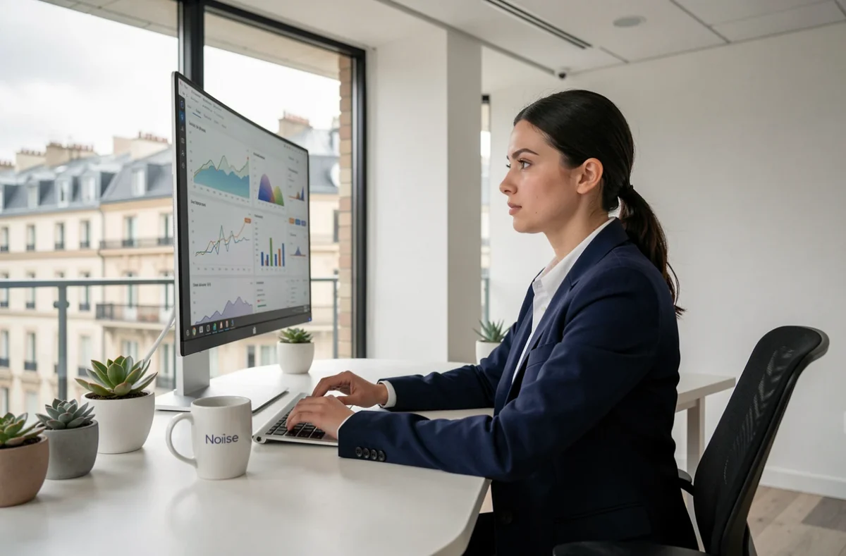 Consultante SEO de l'agence Noiise analysant des données de référencement sur un bureau moderne dans les Hauts-de-France