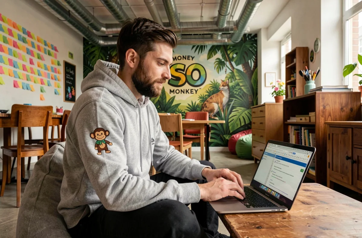 Consultant de l'agence SEO Monkey dans un bureau créatif et décontracté avec une identité visuelle jungle