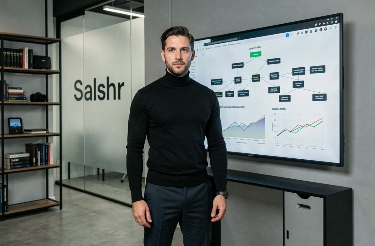 Expert SEO de l'agence Slashr devant un écran de stratégie de référencement dans un bureau épuré et technologique