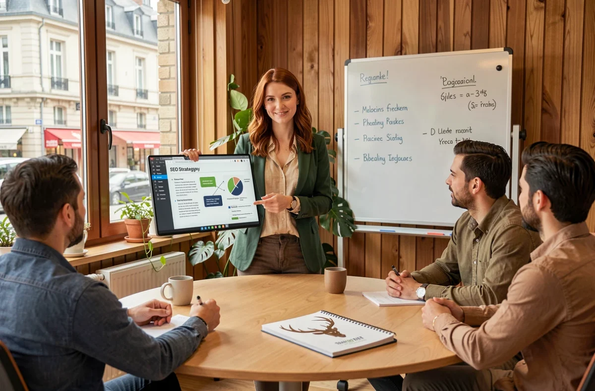 Consultant SEO de l'agence Wapiti présentant une stratégie de référencement à son équipe dans un bureau chaleureux