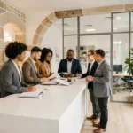 Groupe de professionnels dans une agence d'intérim en Nouvelle-Aquitaine, illustrant le thème du recrutement temporaire dans la région