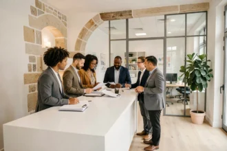 Groupe de professionnels dans une agence d'intérim en Nouvelle-Aquitaine, illustrant le thème du recrutement temporaire dans la région