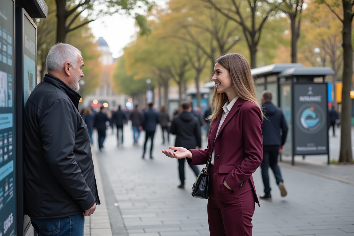 Jeune agente municipale souriante à un kiosque parisien