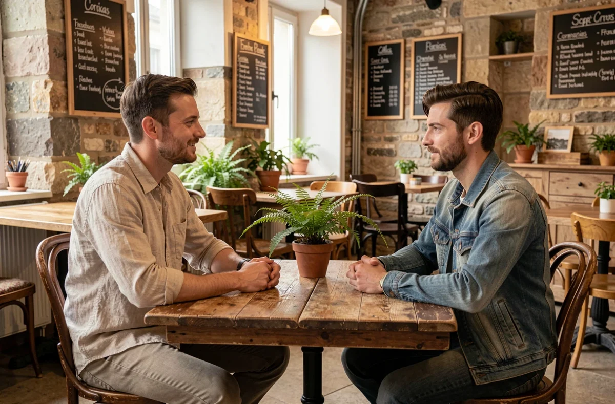 Espace de coworking Albert and Co à Arras avec deux professionnels en réunion informelle dans un cadre bistrot vintage