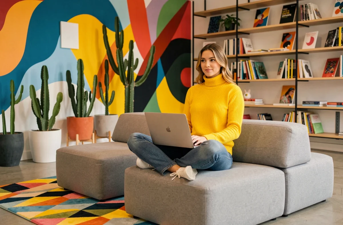 Alkas Calais, espace de coworking créatif avec une jeune professionnelle travaillant dans un cadre coloré et inspirant