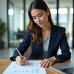 Femme d'affaires analysant une grille tarifaire de services digitaux sur un bureau moderne