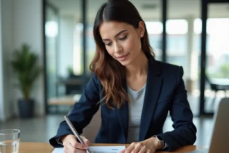 Femme d'affaires analysant une grille tarifaire de services digitaux sur un bureau moderne