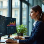 Analyste data parisienne consultant des tableaux de bord de performance web sur double écran dans un bureau moderne