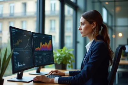 Analyste data parisienne consultant des tableaux de bord de performance web sur double écran dans un bureau moderne