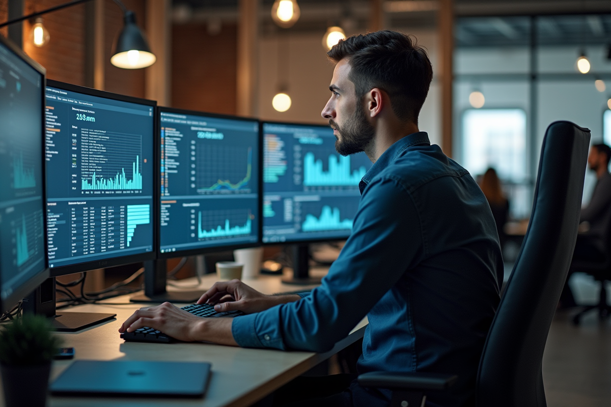 Jeune homme concentré analysant des données sur trois écrans