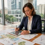 Analyste économique étudiant des indicateurs territoriaux sur une tablette et des cartes régionales dans un bureau moderne avec vue sur la ville