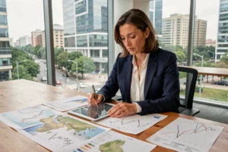 Analyste économique étudiant des indicateurs territoriaux sur une tablette et des cartes régionales dans un bureau moderne avec vue sur la ville