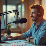 Animateur radio parlant dans un studio moderne en matinée