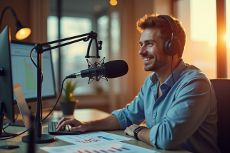 Animateur radio parlant dans un studio moderne en matinée