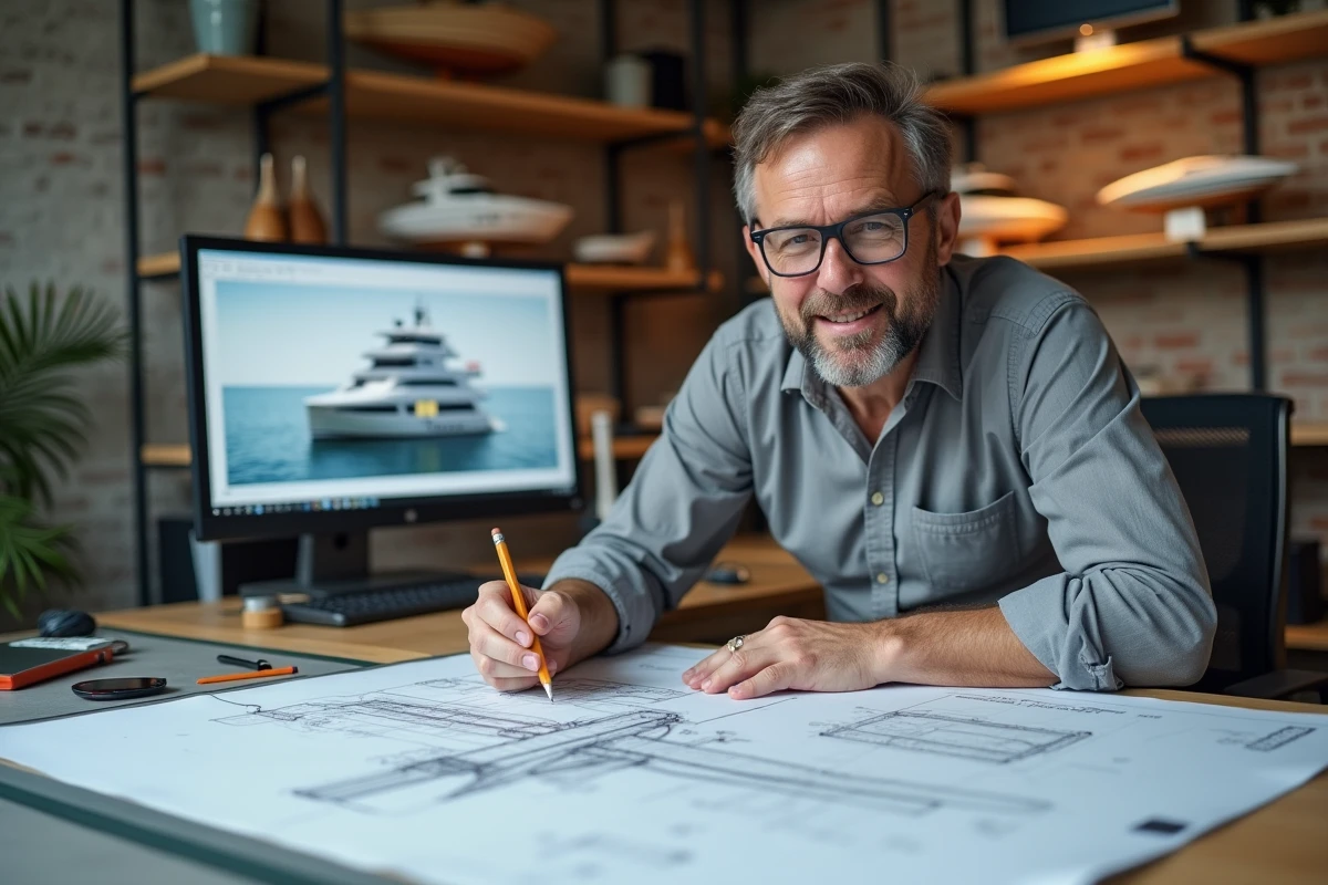 Architecte naval masculin travaillant sur des plans de conception de bateau dans un bureau de design nautique professionnel