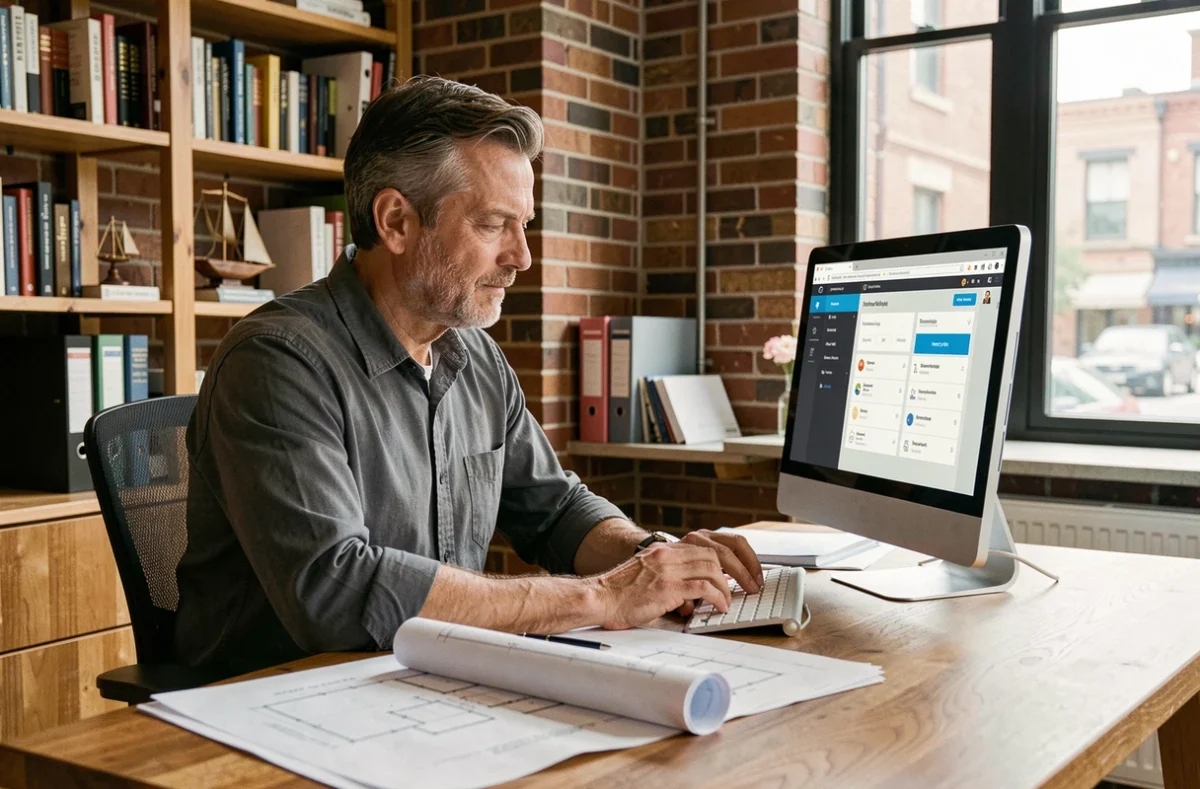 Architecte professionnel consultant une plateforme de réseau BTP sur ordinateur dans son studio