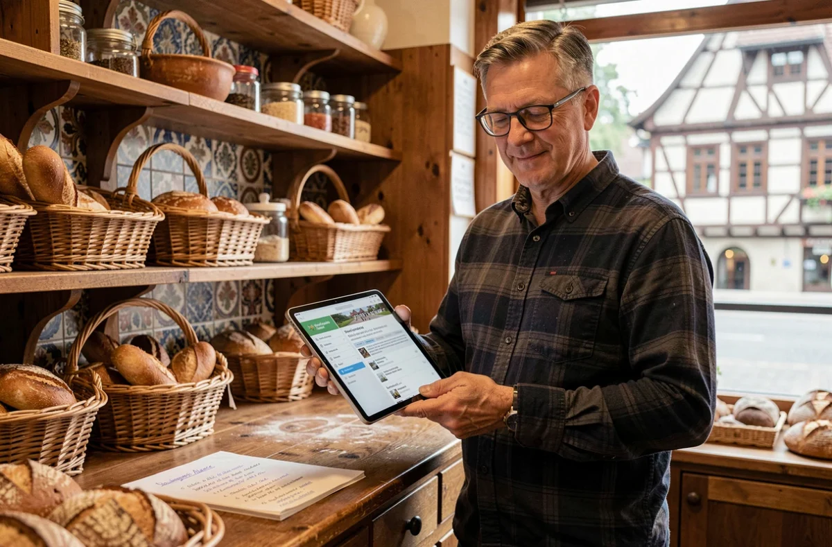 Artisan boulanger alsacien consultant les résultats SEO locaux sur une tablette dans sa boutique