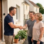 Artisan local serrant la main de clients satisfaits devant une maison rénovée, illustrant la confiance et le bouche-à-oreille dans le secteur du bâtiment