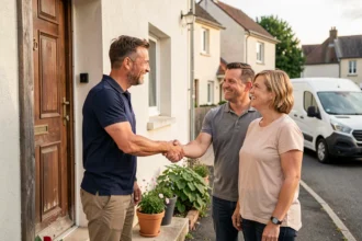 Artisan local serrant la main de clients satisfaits devant une maison rénovée, illustrant la confiance et le bouche-à-oreille dans le secteur du bâtiment