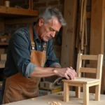 Artisan menuisier concentré ponçant une chaise en bois dans un atelier traditionnel, illustrant le soin du travail bien fait