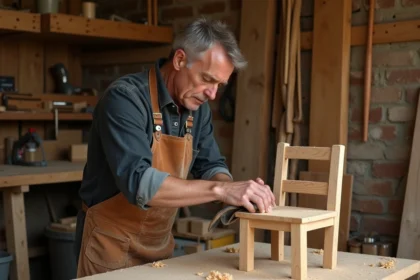Artisan menuisier concentré ponçant une chaise en bois dans un atelier traditionnel, illustrant le soin du travail bien fait