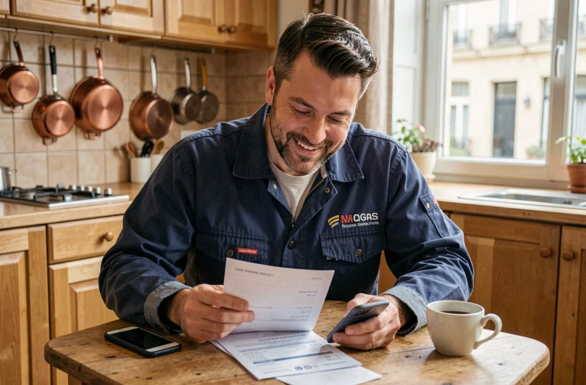 Artisan plombier consultant ses avis clients et ses factures sur smartphone à domicile, illustrant la gestion de la réputation en ligne pour les petits artisans locaux