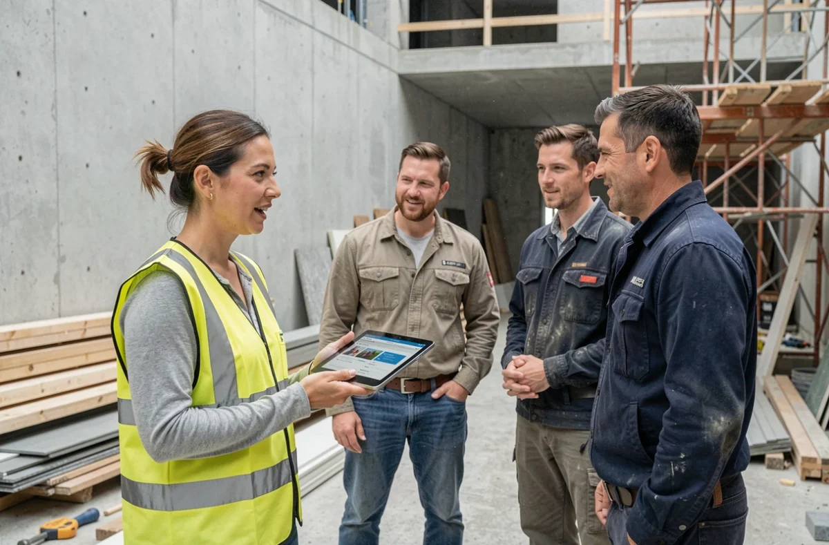 Artisane sur chantier présentant une plateforme numérique professionnelle à ses collègues, symbolisant la modernisation des outils de gestion pour les artisans locaux