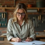 Artisane examinant un plan de transition écologique dans son atelier de petite entreprise avec matériaux recyclés