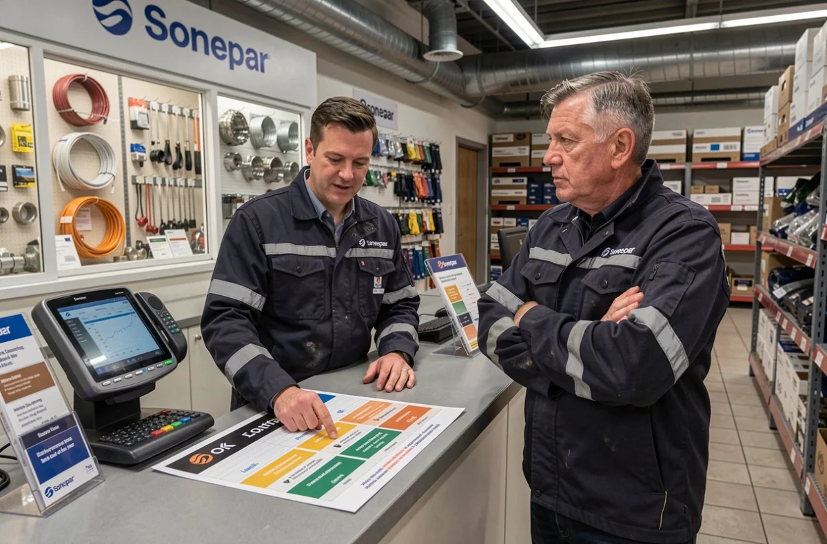 Deux artisans professionnels en discussion au comptoir Sonepar comparant les niveaux d'avantages du programme Select