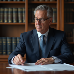 Avocat en costume bleu examinant des documents de brevets