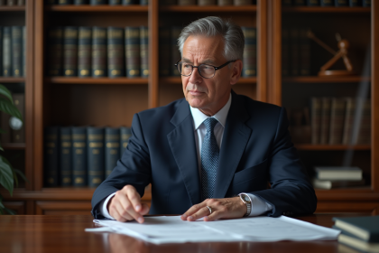 Avocat en costume bleu examinant des documents de brevets