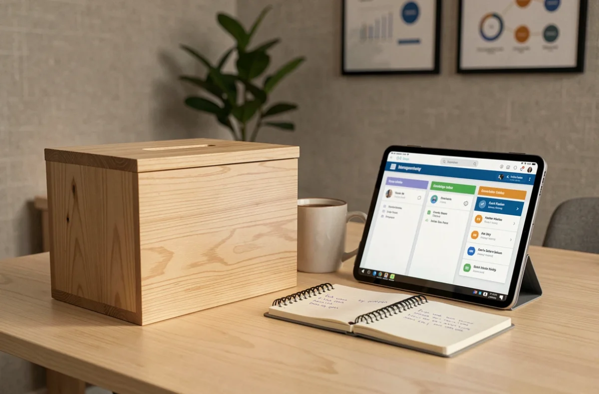 Boîte à idées en bois posée sur un bureau avec une tablette affichant un tableau de bord numérique de gestion des idées