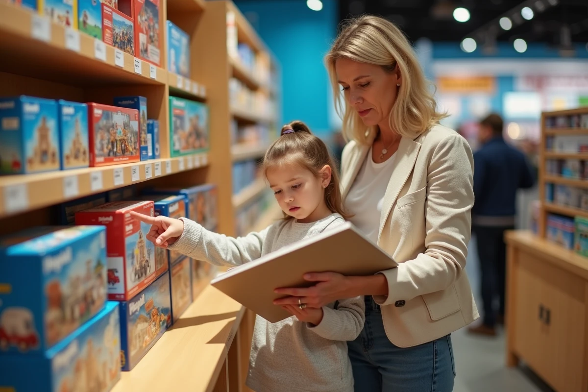 Mère hésitante à la boutique souvenir de l'usine Playmobil avec sa fille enthousiaste
