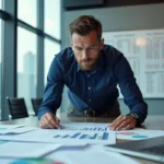 Professionnel IT analysant un budget de déploiement tactique sur des documents imprimés en salle de réunion moderne