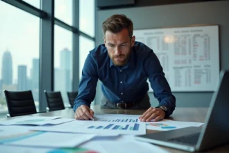 Professionnel IT analysant un budget de déploiement tactique sur des documents imprimés en salle de réunion moderne