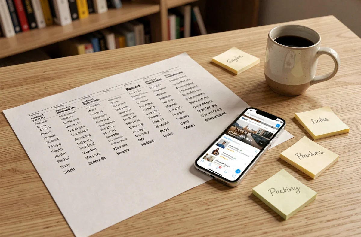 Vue de dessus d'un bureau avec un annuaire imprimé de marques classées par alphabet, un smartphone et une tasse de café