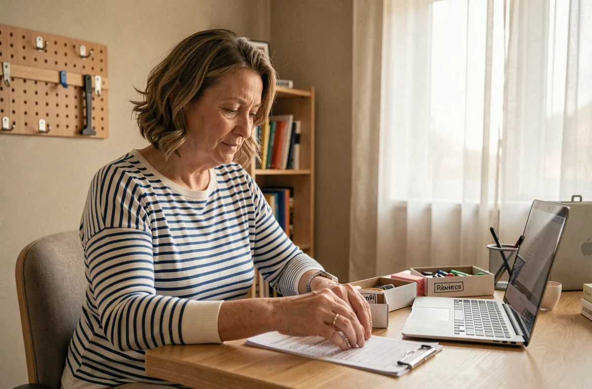 Femme organisant des emballages dans un bureau à domicile aménagé pour le travail d'emballage